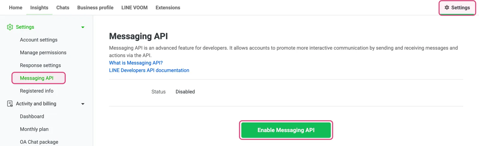 หน้า Settings > Messaging API ใน LINE Official Account Manager กับปุ่ม Enable Messaging API