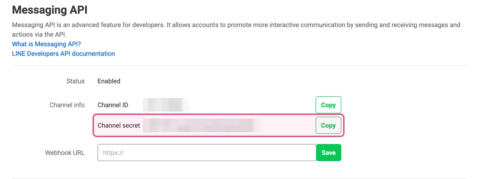 หน้า Messaging API ที่เปิดแล้ว แสดง Channel secret และปุ่ม Copy