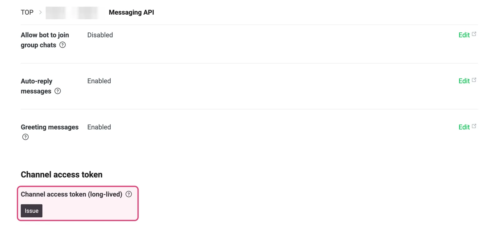 หัวข้อ Channel access token (long-lived) กับปุ่ม Issue